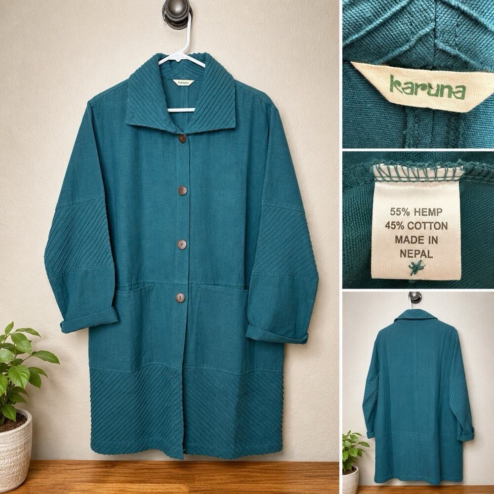 Karuna Women’s Teal Hemp Cotton Button Front Long Tunic Jacket Made in Nepal